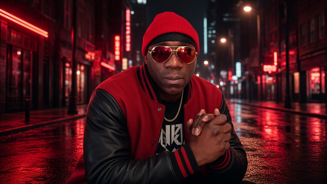 Lac P in red beanie and jacket under red neon on a wet street at night